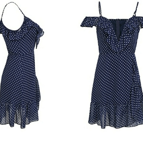 Navy Polka Dot Cold Shoulder Ruffles Dress - Picture 6 of 8